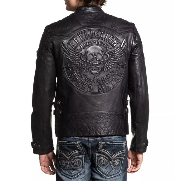 AFFLICTION Leather ON FIRE Men's JACKET Black Bike - Picture 4 of 7